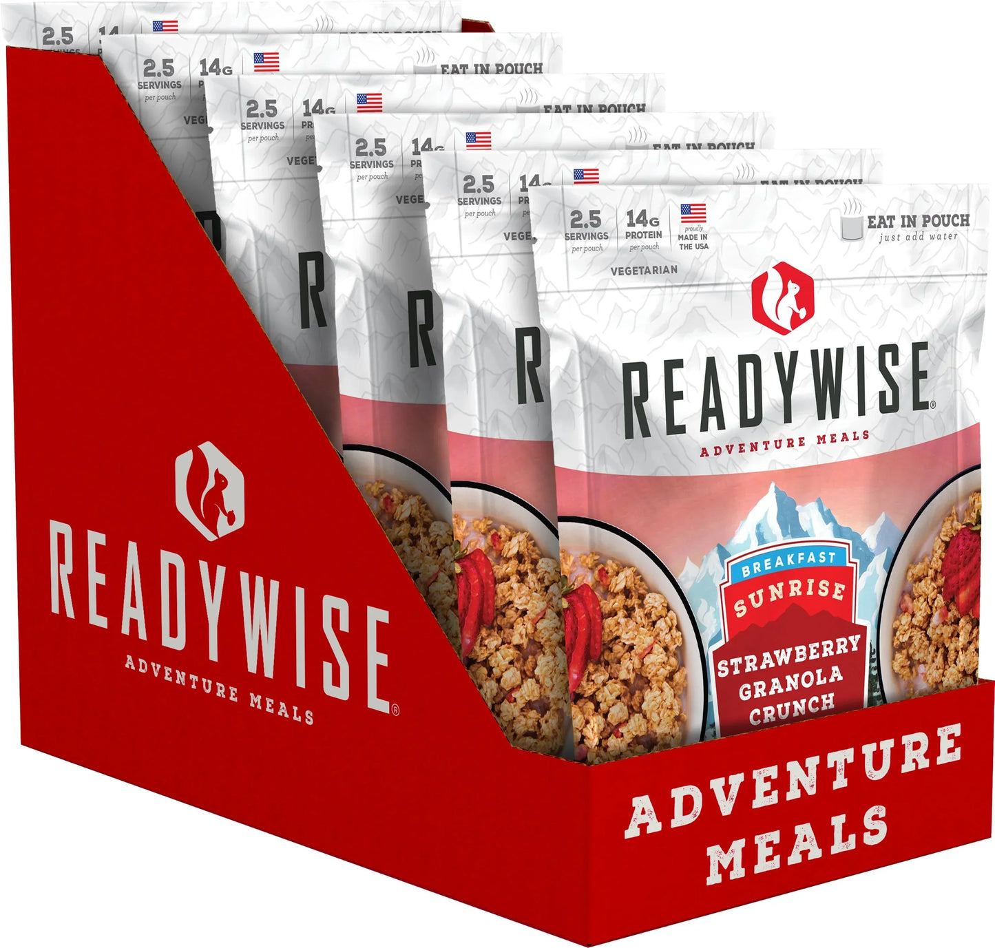 Box of ReadyWise Adventure Meals Sunrise Strawberry Granola Crunch breakfast pouches