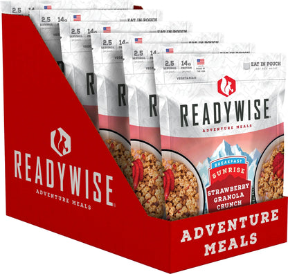 Box of ReadyWise Adventure Meals Sunrise Strawberry Granola Crunch breakfast pouches