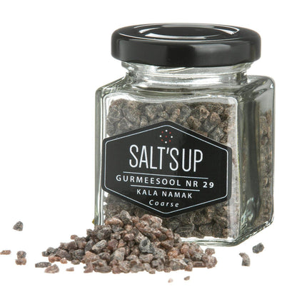 Glass jar of coarse black Himalayan salt (Kala Namak) with crystals, Spice n Slice Market.