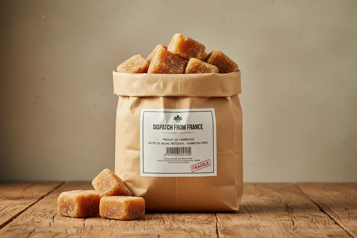 Artisan Kampong Speu palm sugar cubes in brown paper bag, labeled France dispatch