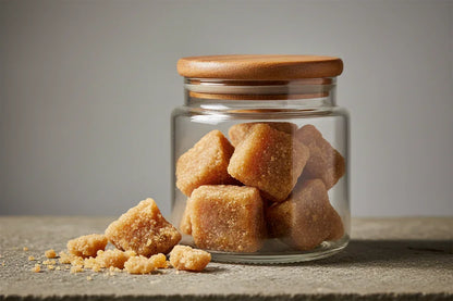 Kampong Speu palm sugar chunks in a clear glass jar with wooden lid, on stone surface