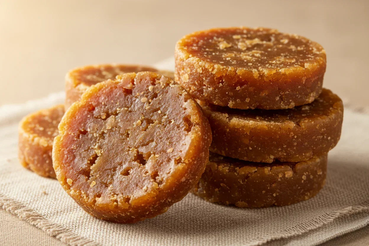 Macro shot of round Kampong Speu palm sugar cakes stacked on fabric