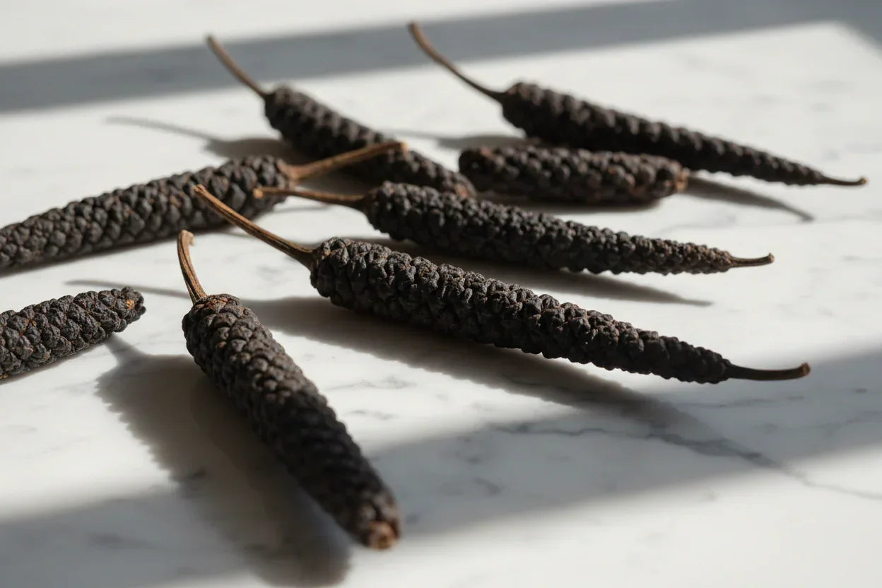Close-up of dried Kampot black long pepper pods on a white marble surface with soft shadows