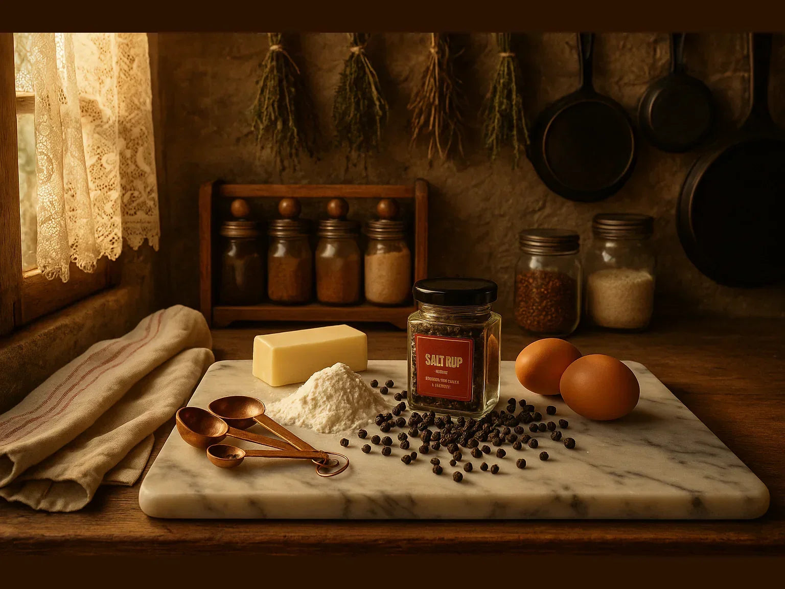 Kampot black pepper, eggs, flour, butter, and spices on marble in rustic French kitchen