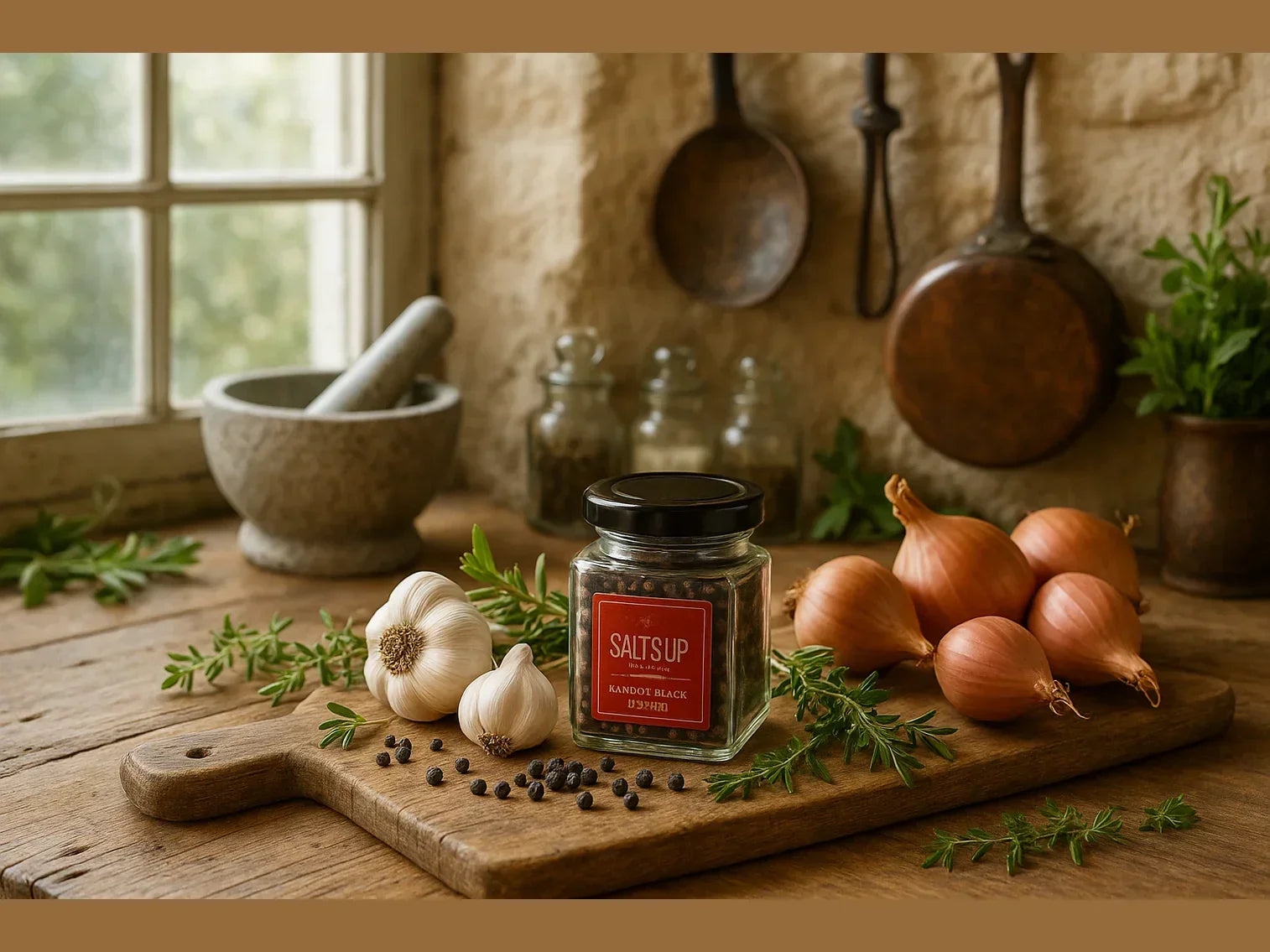 Kampot black pepper jar with garlic, shallots, herbs on rustic French farmhouse kitchen counter