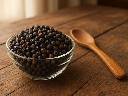 Kampot black peppercorns in glass bowl on rustic wood table with wooden spoon