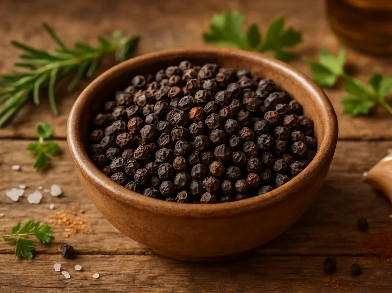 Kampot black peppercorns in a wooden bowl on rustic farmhouse table with herbs and salt