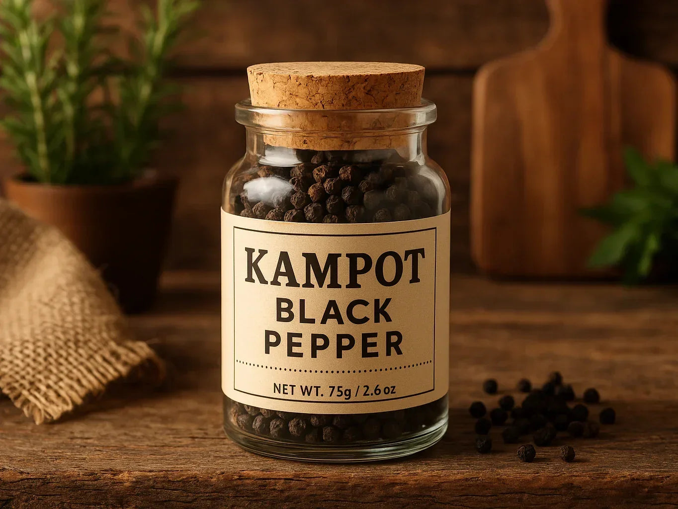 Glass jar of Kampot black peppercorns with cork lid on rustic wooden table