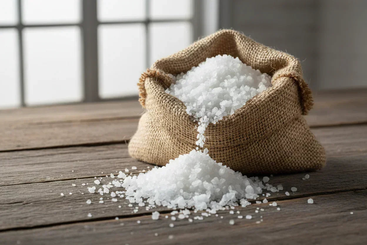 Kampot fleur de sel sea salt crystals spilling from a burlap bag on a wooden table