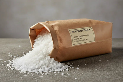 Kampot fleur de sel coarse sea salt spilling from kraft paper bag, France dispatch label visible
