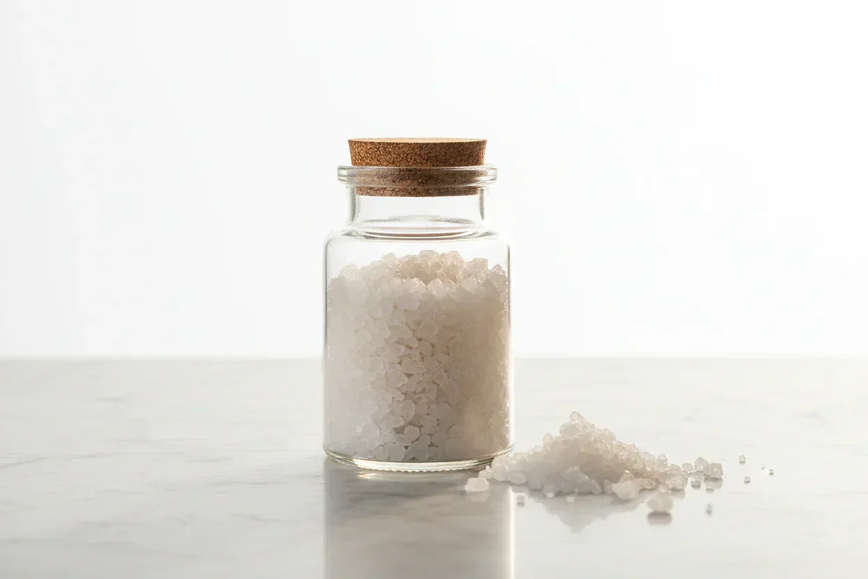 Kampot fleur de sel sea salt in a glass jar with cork lid on marble surface