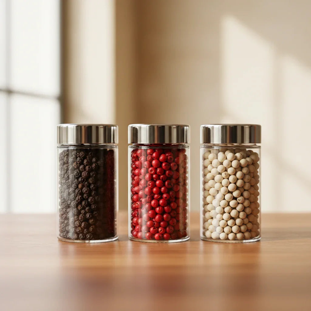 Trio of glass jars filled with black, red, and white Kampot peppercorns on a wooden table