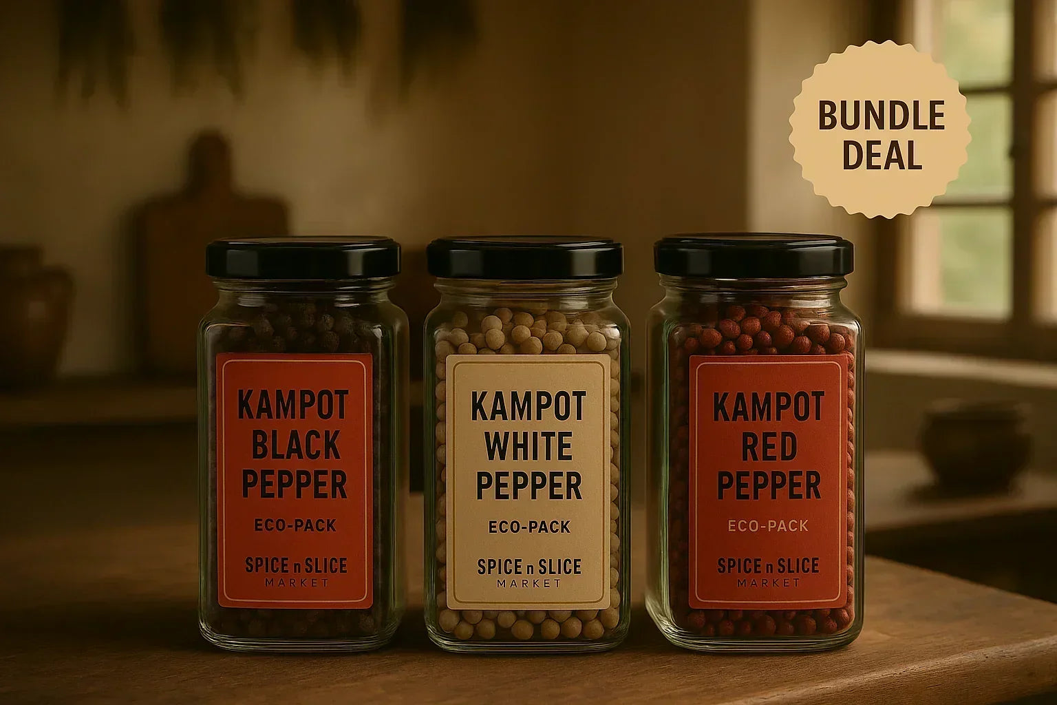 Trio of eco-pack Kampot pepper jars—black, white, and red—in a rustic bundle deal set.