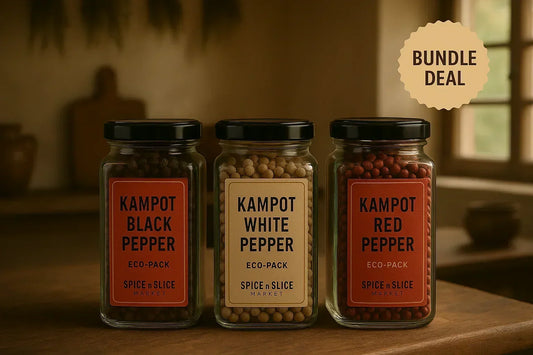 Trio of eco-pack Kampot pepper jars—black, white, and red—in a rustic bundle deal set.