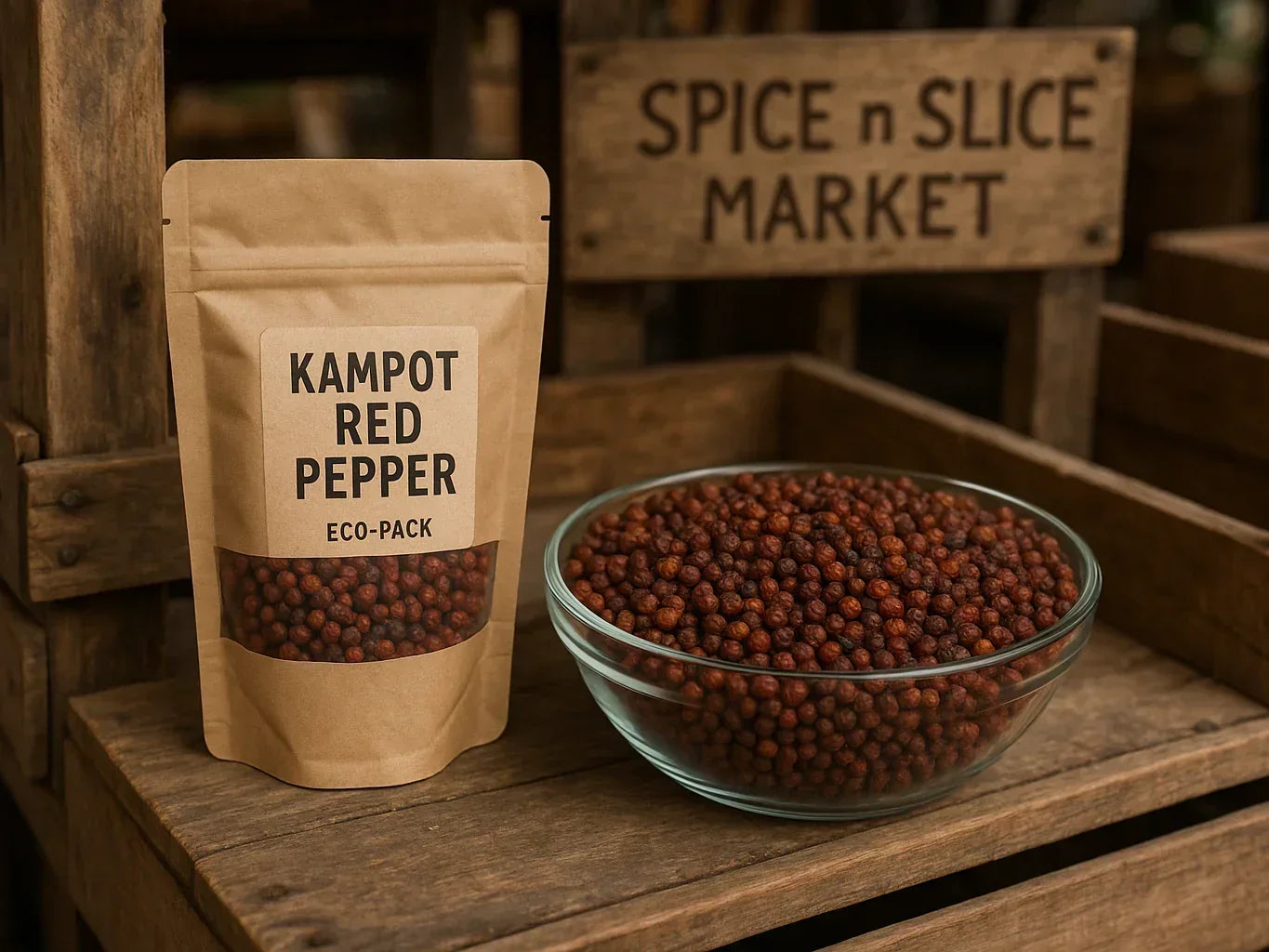 Eco-pack of Kampot red pepper and a glass bowl of peppercorns on a rustic wooden market stand