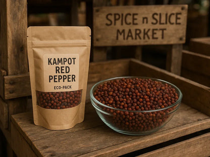 Eco-pack of Kampot red pepper and a glass bowl of peppercorns on a rustic wooden market stand