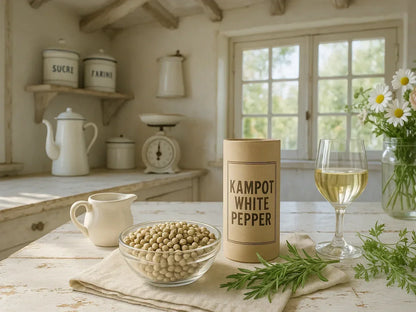 Kampot white pepper container and peppercorns on rustic French farmhouse kitchen table
