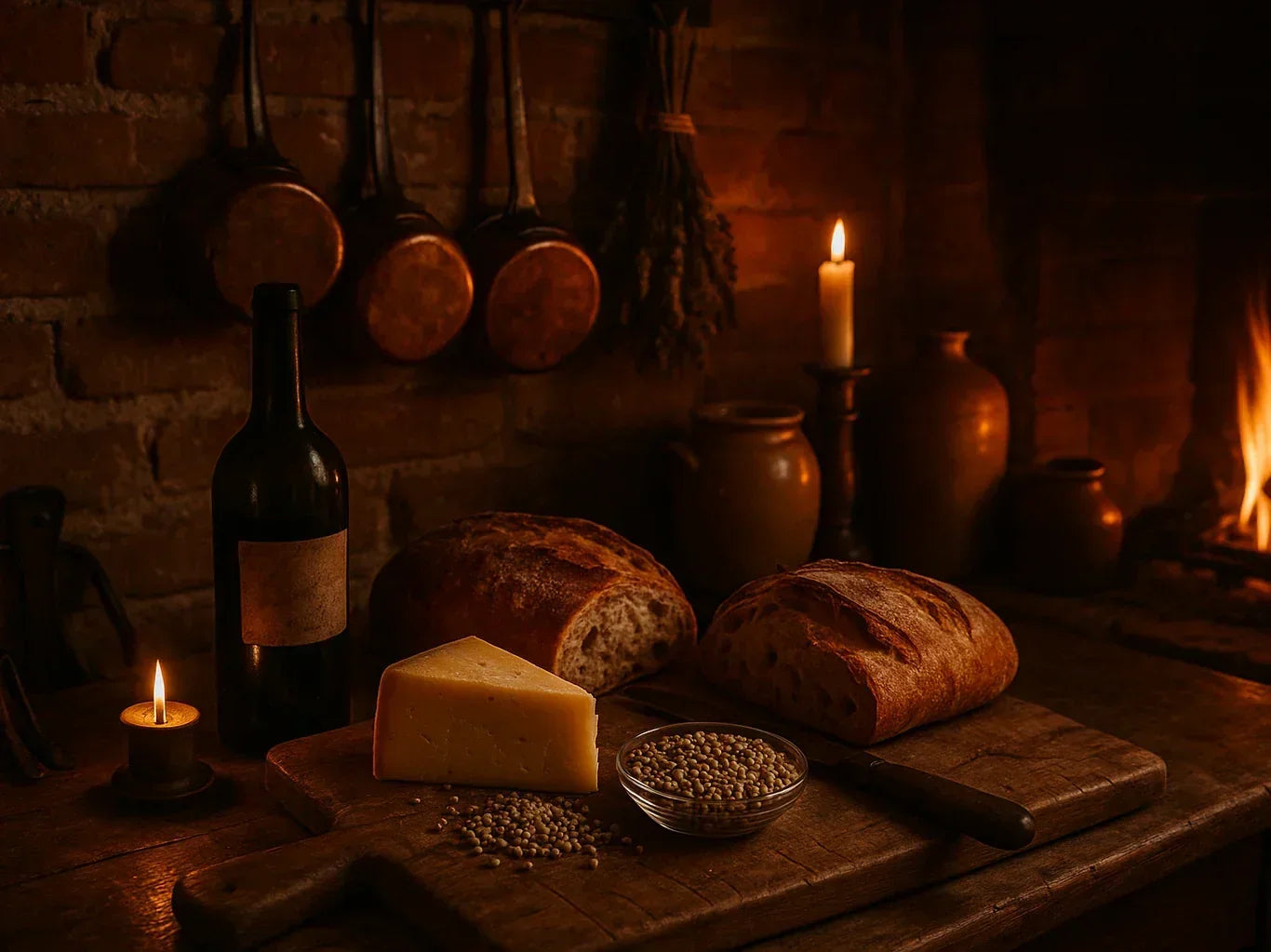 Kampot white pepper, cheese, and rustic bread on wooden table in French farmhouse kitchen