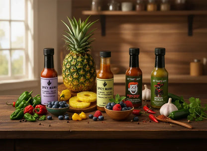 Kitchen counter with five artisan hot sauce bottles, pineapple, fresh berries, peppers, and garlic.