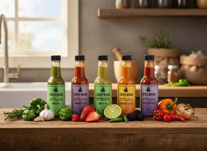 Assorted 1 Spicy Mama hot sauces on kitchen counter with fresh peppers, garlic, fruits and herbs