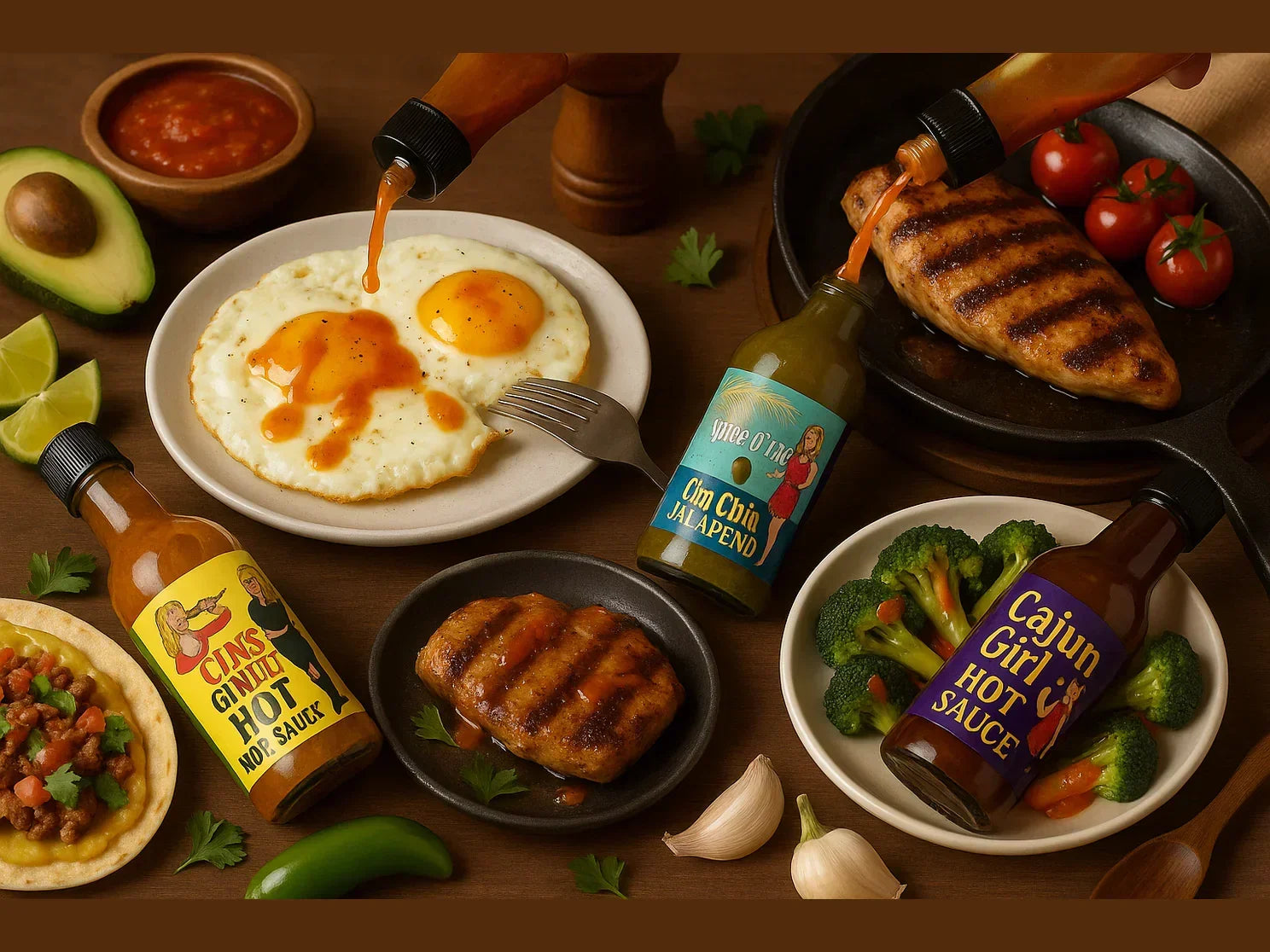 Assorted hot sauces drizzled on fried eggs, grilled chicken, broccoli, with avocado, lime, salsa, and taco.