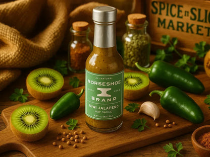 Kiwi jalapeno hot sauce bottle on wooden board with fresh kiwi, jalapenos, garlic, and spices