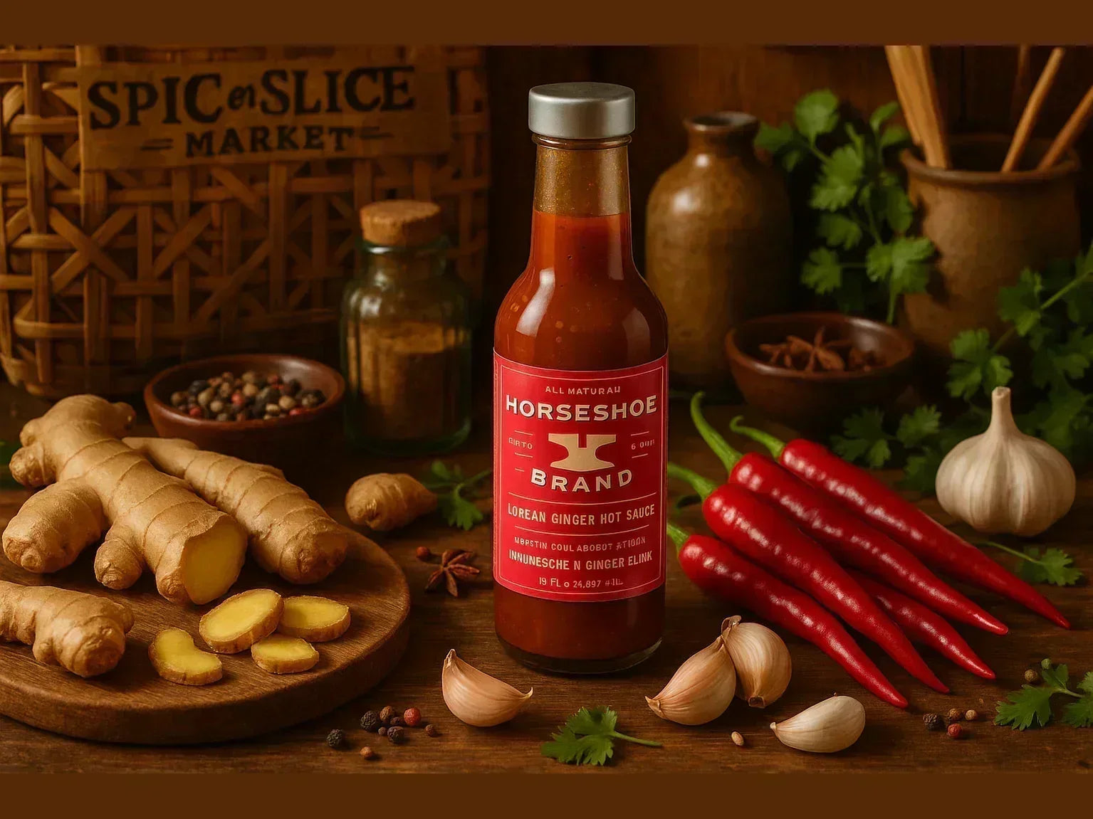 Korean ginger hot sauce bottle with fresh ginger, red chilies, garlic, and spices in a market setting