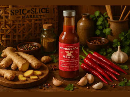 Korean ginger hot sauce bottle with fresh ginger, red chilies, garlic, and spices in a market setting