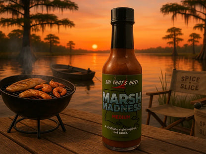 Hot sauce bottle by lakeside BBQ grill with chicken and shrimp at sunset, outdoor chair nearby.