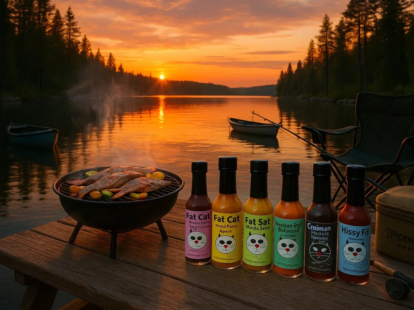 Assorted hot sauce bottles on lakeside picnic table with BBQ fish at sunset outdoors