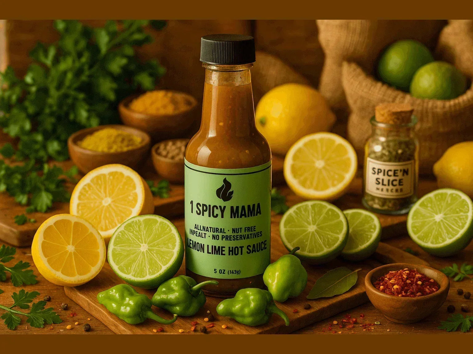 Lemon lime hot sauce bottle surrounded by fresh lemons, limes, herbs, and spices in a market setting