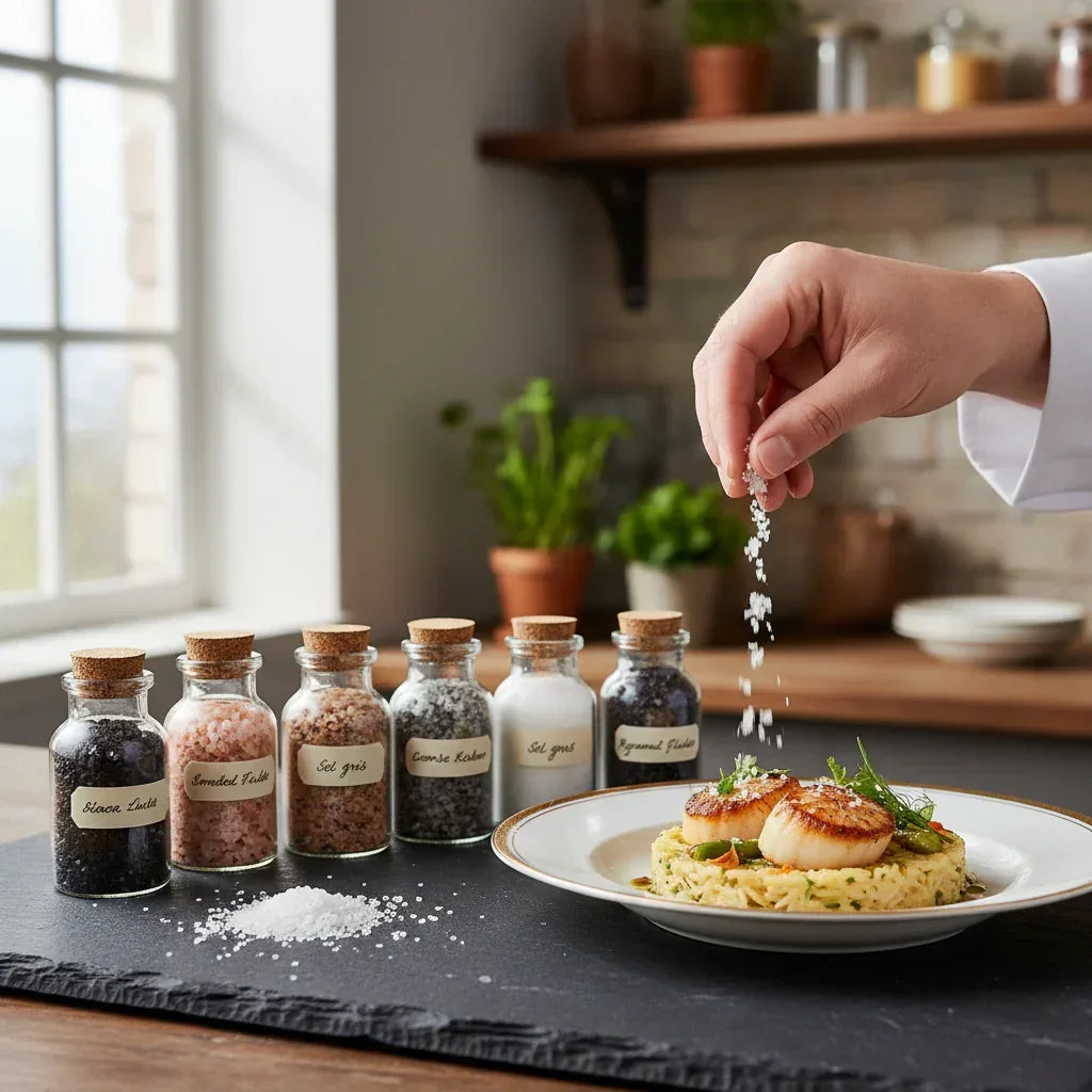 Chef seasoning gourmet scallops with sea salt, artisan spices in glass jars on kitchen counter