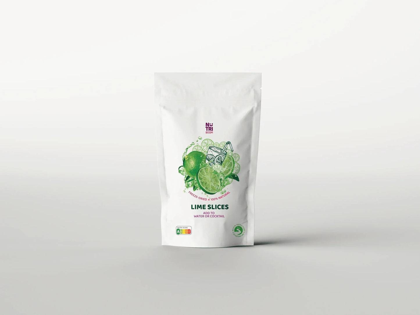 NutriBoom freeze-dried lime slices pouch for water, cocktails, and snacks on white background