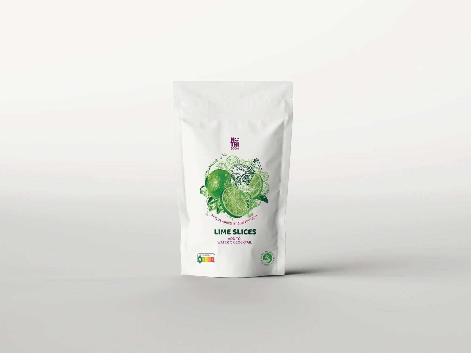 NutriBoom freeze-dried lime slices pouch for water, cocktails, and snacks on white background