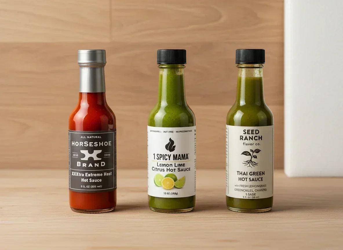 Three bottles of artisan hot sauce, including red and green varieties, on a wooden surface.