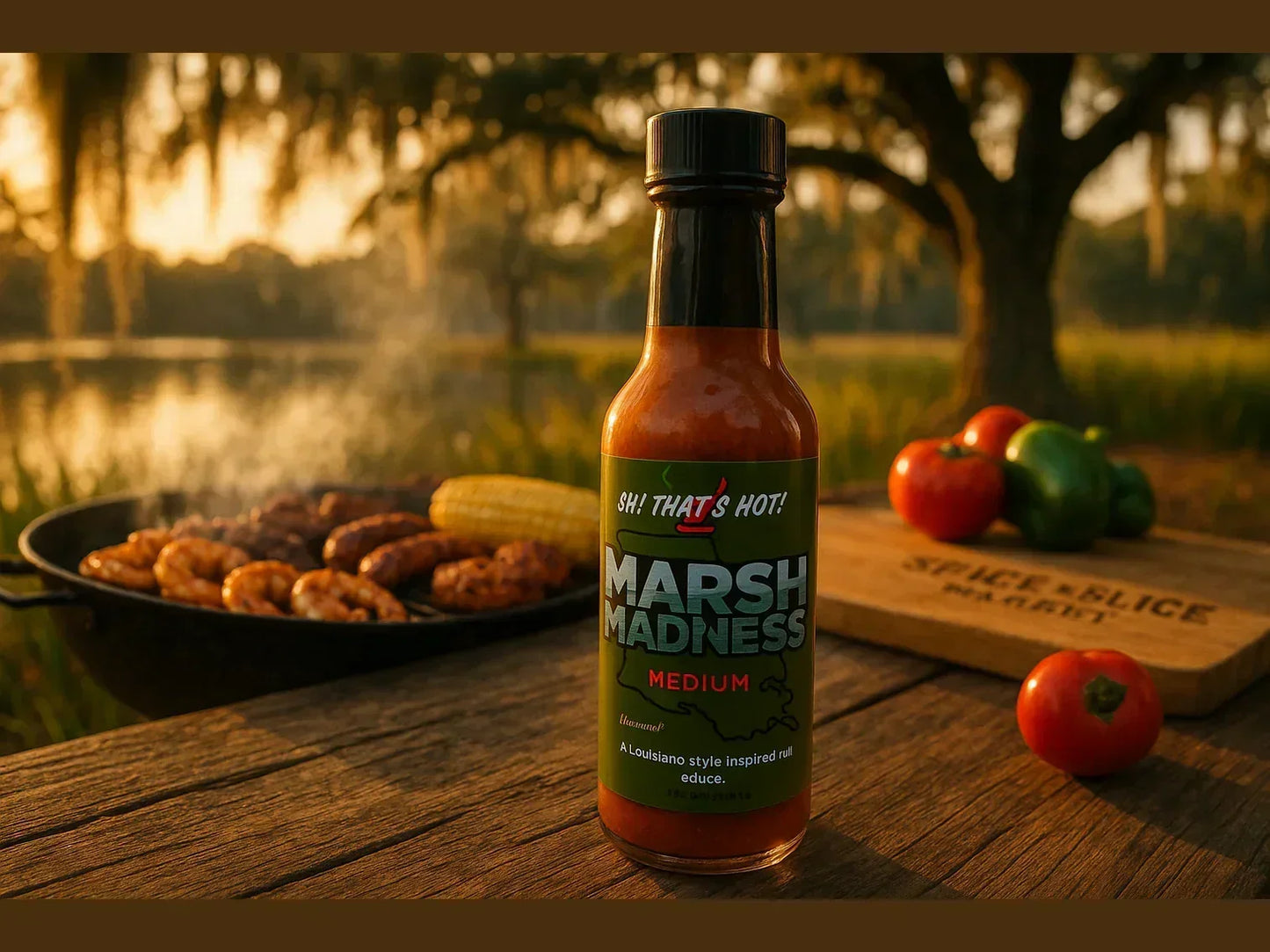 Louisiana bayou BBQ with Marsh Madness hot sauce, grilled shrimp, corn, and fresh peppers