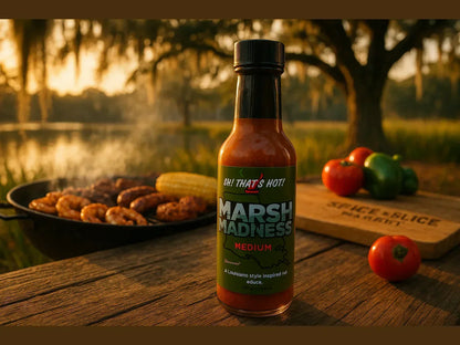 Louisiana bayou BBQ with Marsh Madness hot sauce, grilled shrimp, corn, and fresh peppers