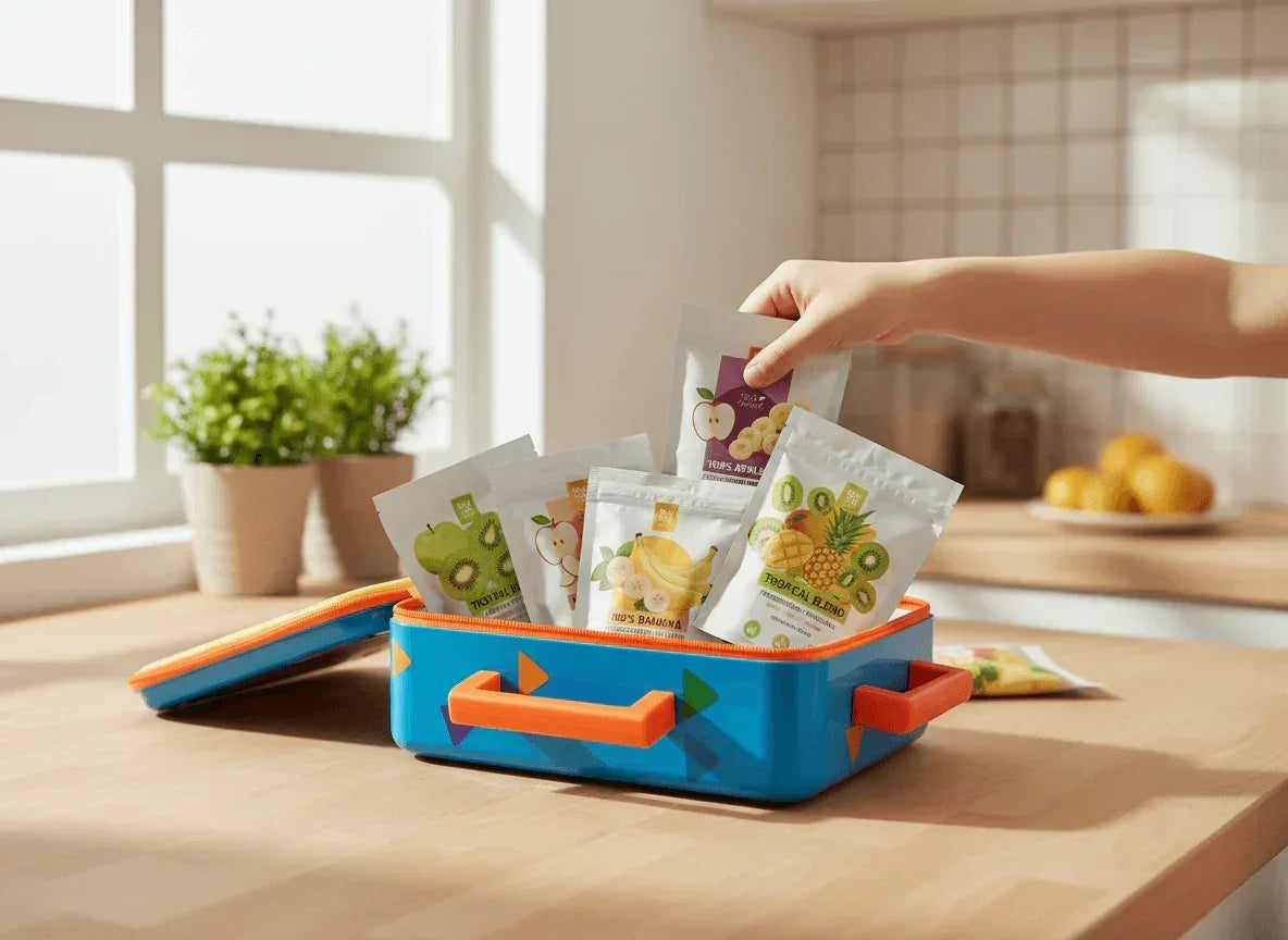 Hand placing assorted organic dried fruit packs into a colorful kids lunchbox in a bright kitchen