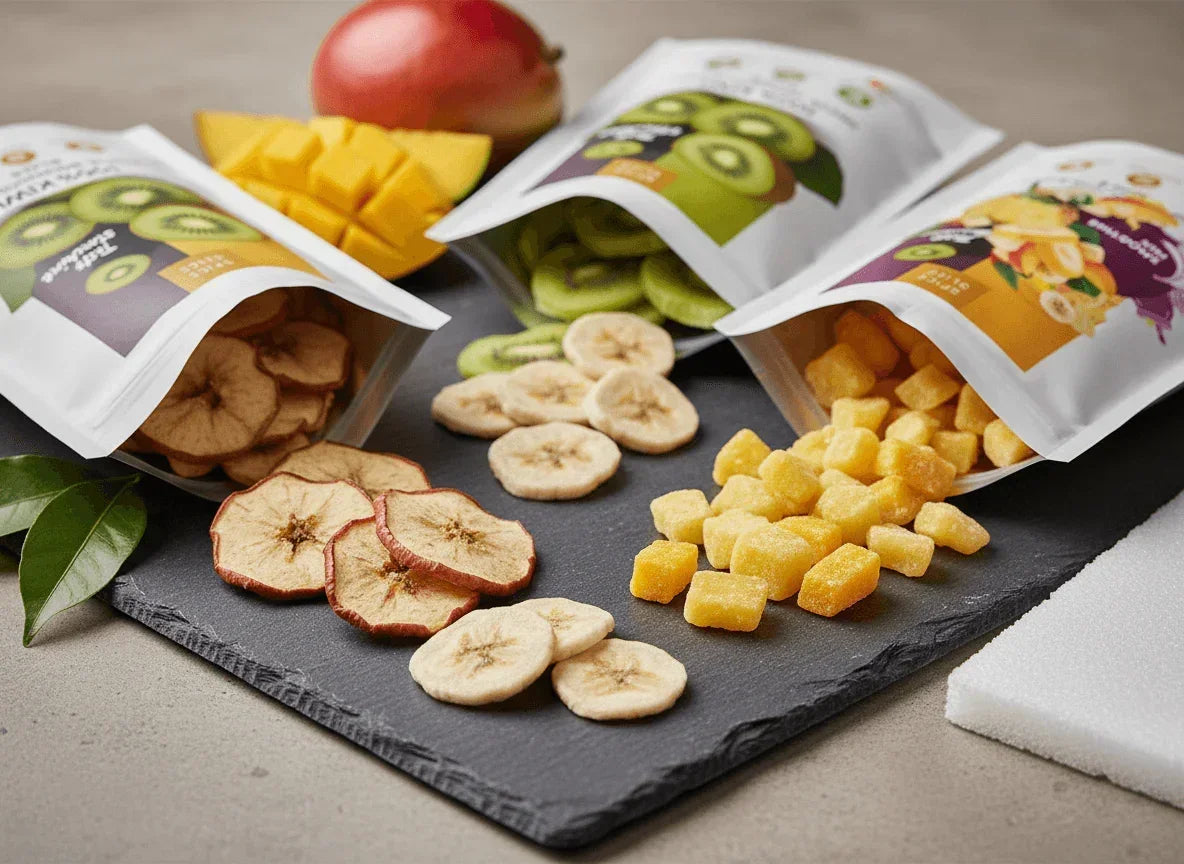 Assorted organic dried fruits including apple, banana, kiwi, and mango on a slate board