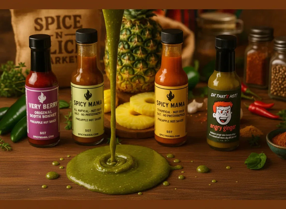 Five artisan hot sauce bottles with colorful labels, pineapple, and spices on a wooden table
