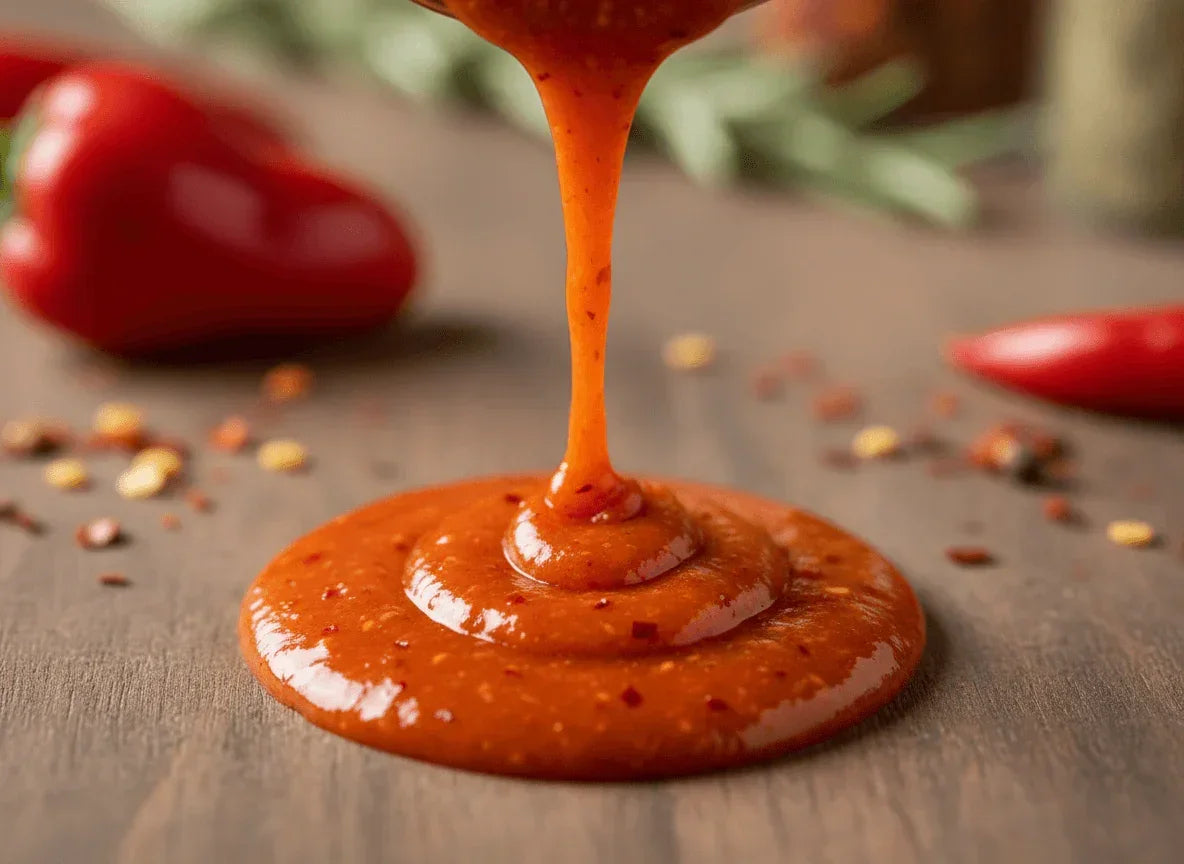 Thick artisan hot sauce poured onto a wooden surface with red pepper flakes, Spice n Slice Market