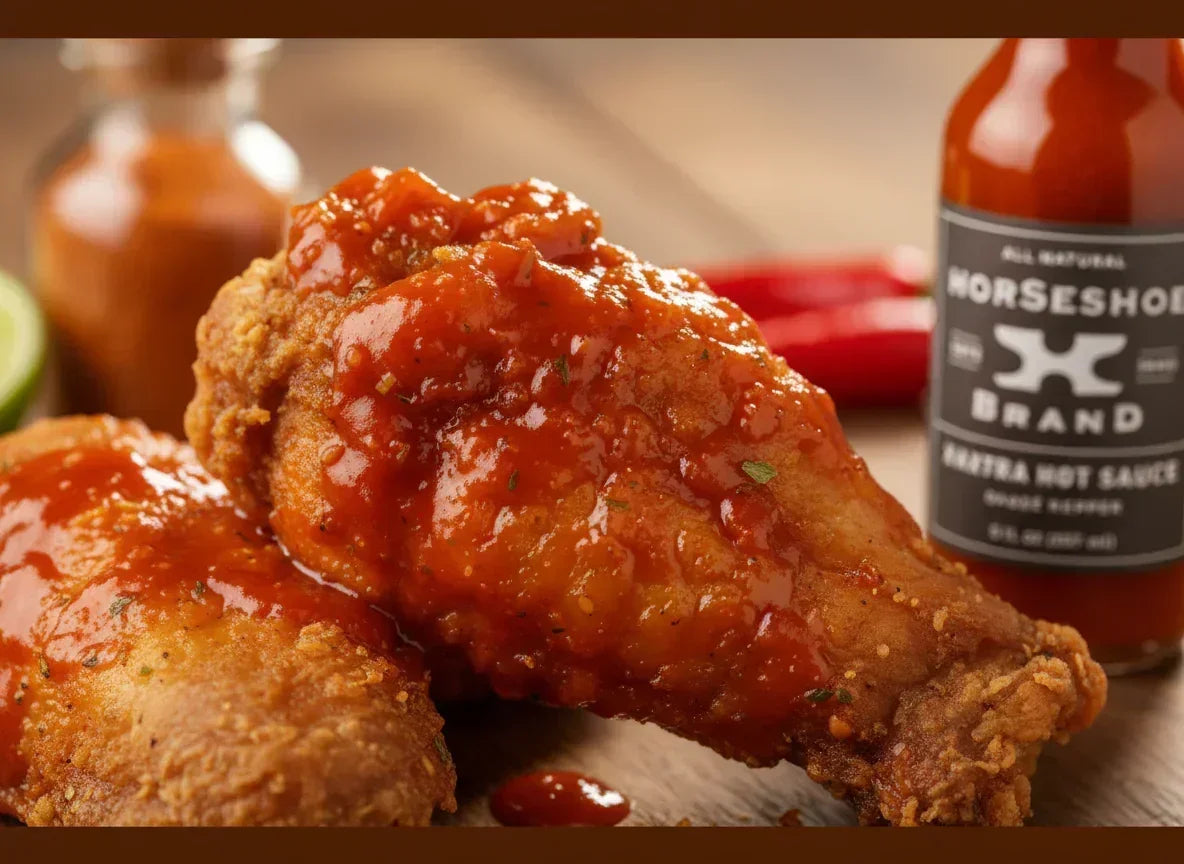 Crispy fried chicken wings coated in spicy hot sauce with sauce bottles in background