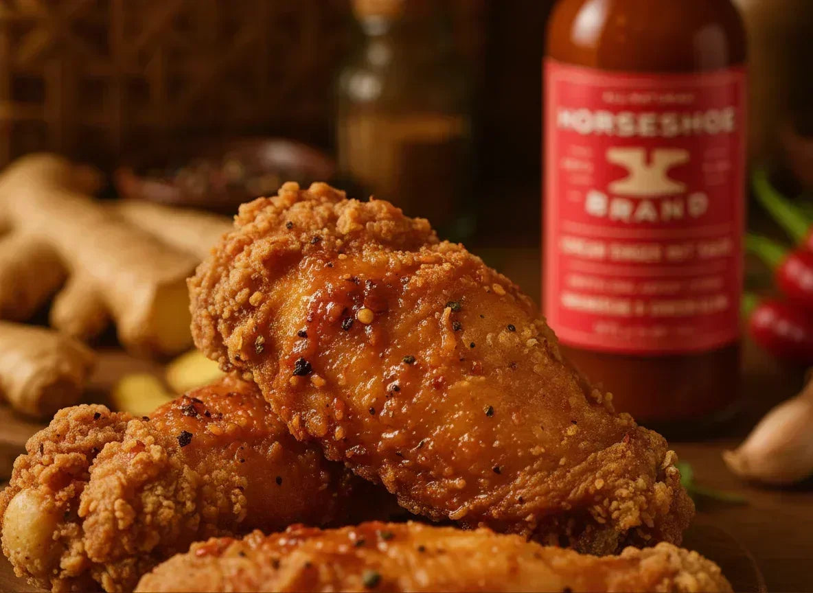 Crispy fried chicken wings coated in spicy artisan hot sauce with ginger and chili in background