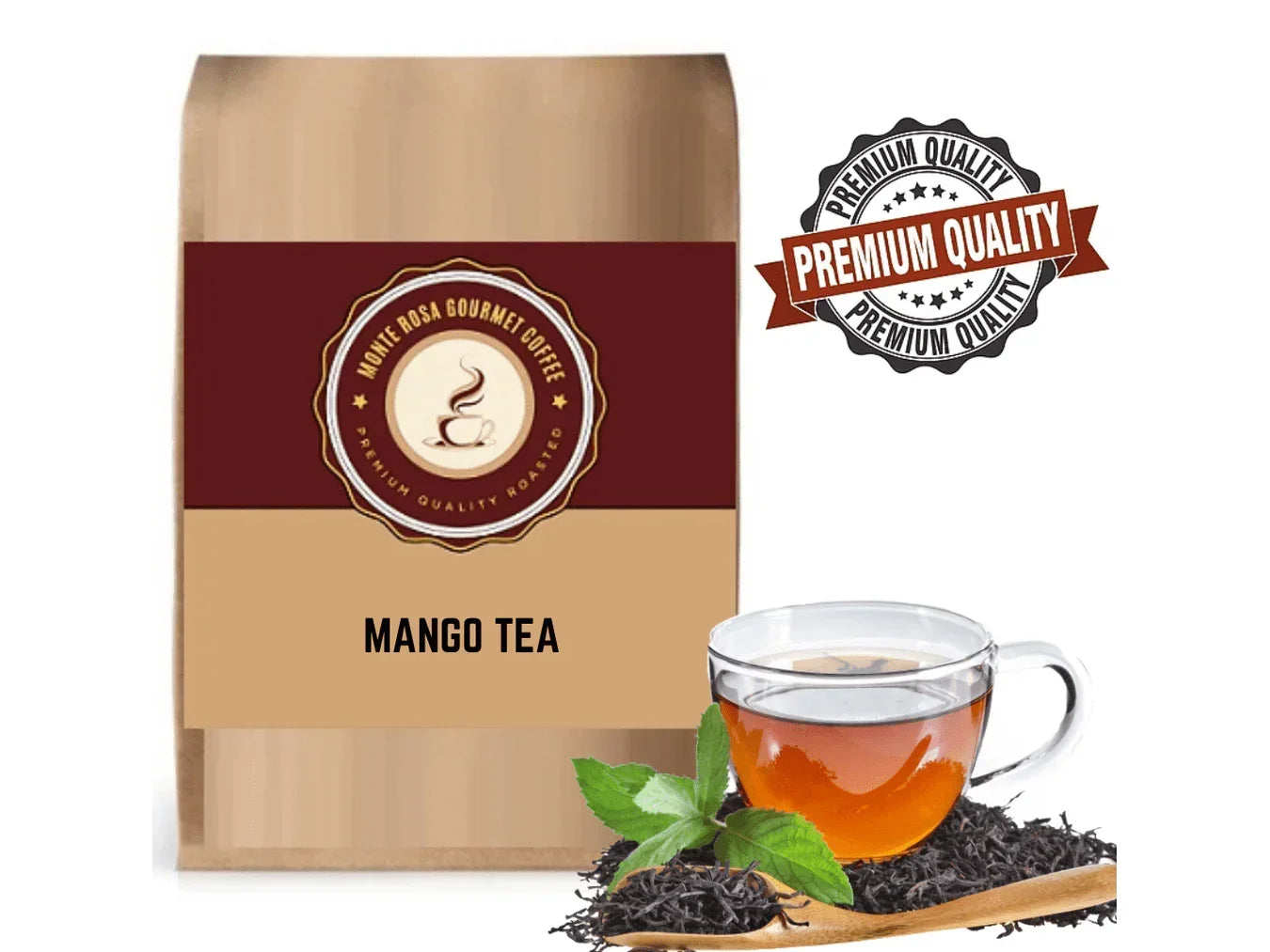 Bag of mango tea leaves with glass cup of brewed tea, tea leaves, and mint on white background