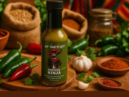 Mariachi Ninja hot sauce bottle with fresh chilies, garlic, and spices in a market setting