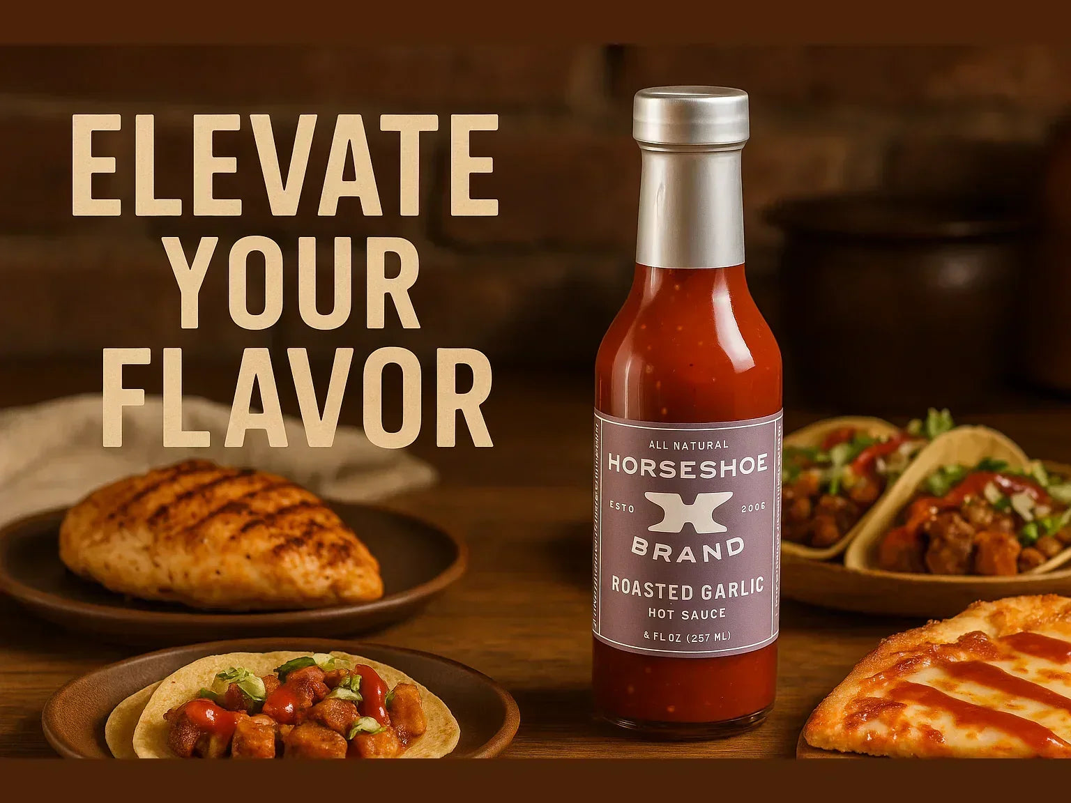 Roasted garlic hot sauce bottle with grilled chicken, tacos, and pizza in rustic setting