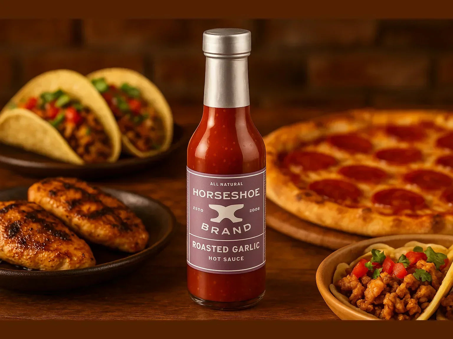 Roasted garlic hot sauce bottle with grilled chicken, tacos, pepperoni pizza, and taco fillings