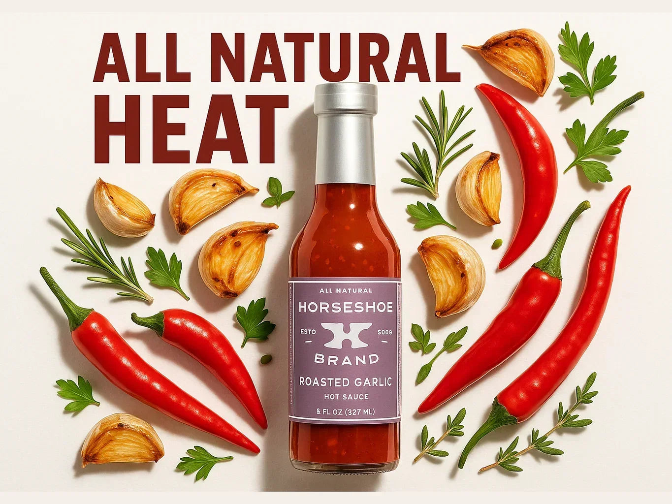 Roasted garlic hot sauce bottle with fresh chili peppers, garlic cloves, and herbs arranged around it.