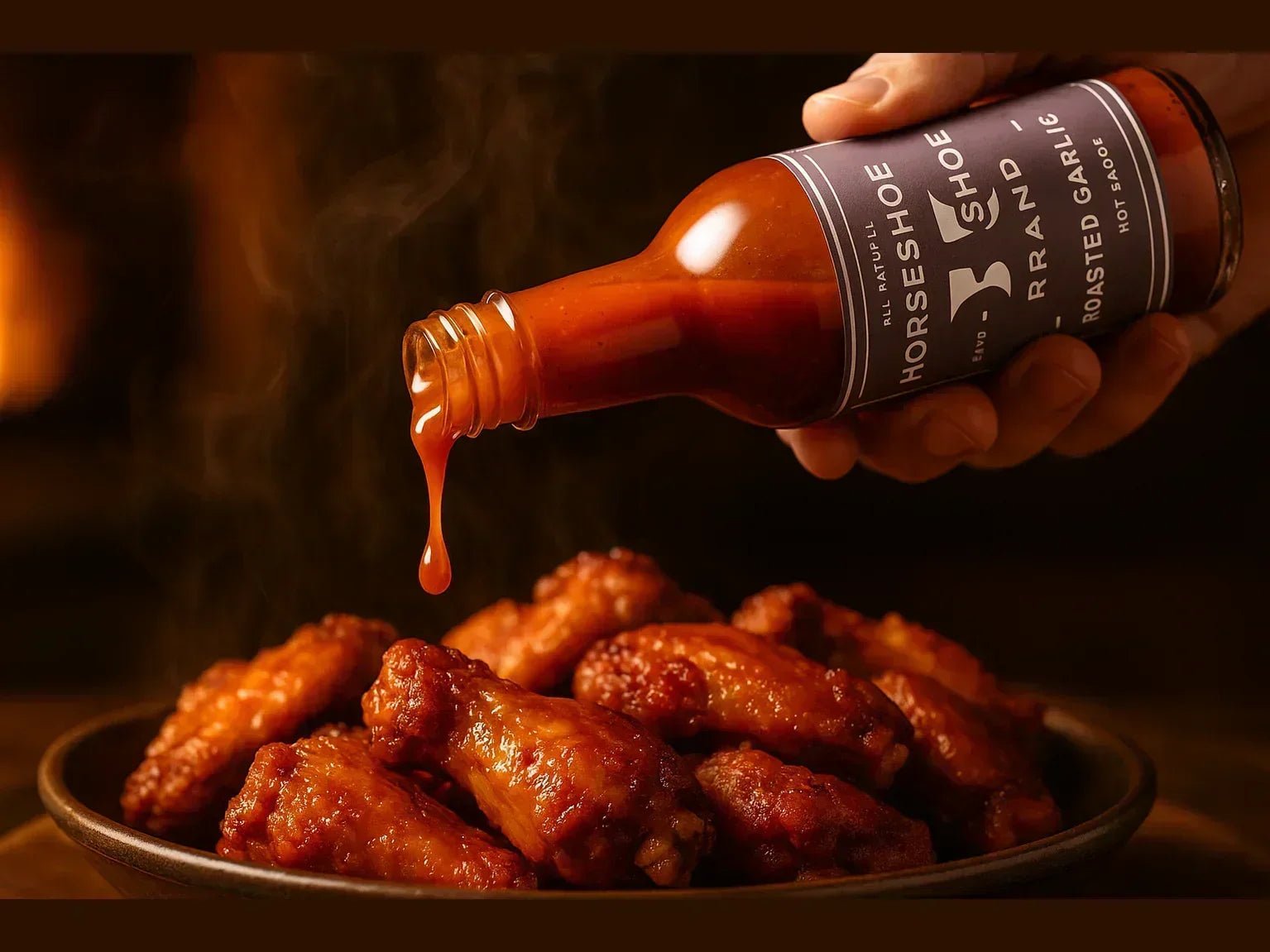 Hand pouring artisan hot sauce over crispy chicken wings in a bowl, spicy food concept