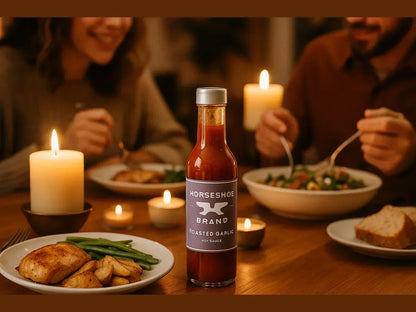 Roasted garlic hot sauce bottle on dinner table with chicken, vegetables, salad, and candles